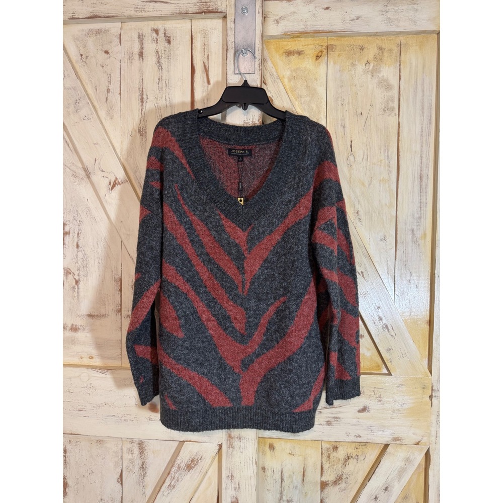 JOSEPH.A Knit V-Neck Zebra Pattern Sweater Gray Red Cozy Tunic Size Large